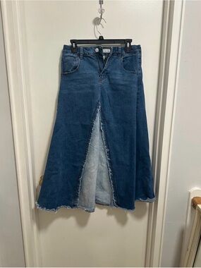 Denim A-Line Maxi Skirt with Front Panel Split - Blue